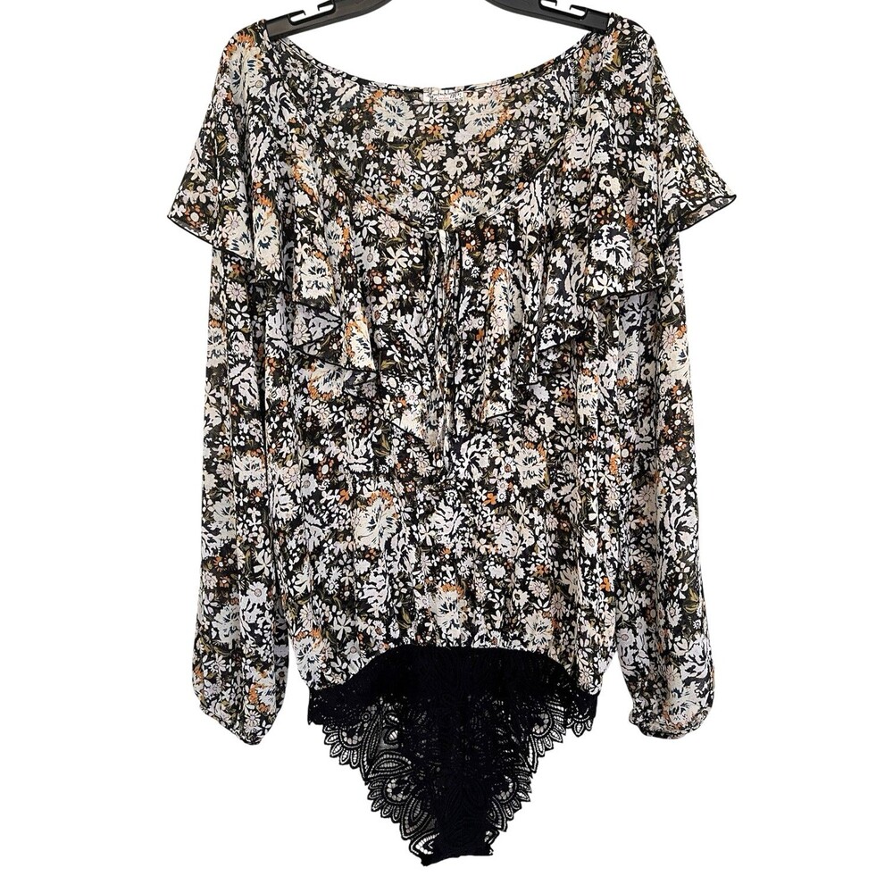 Intimately FREE PEOPLE Say It To Me Bodysuit Floral Black Combo Ruffle Lace M